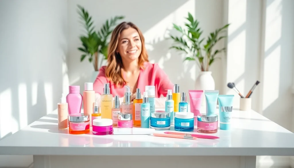 Showcase of vibrant skincare products from https://cosmeticsarenas.com arranged in a bright studio.