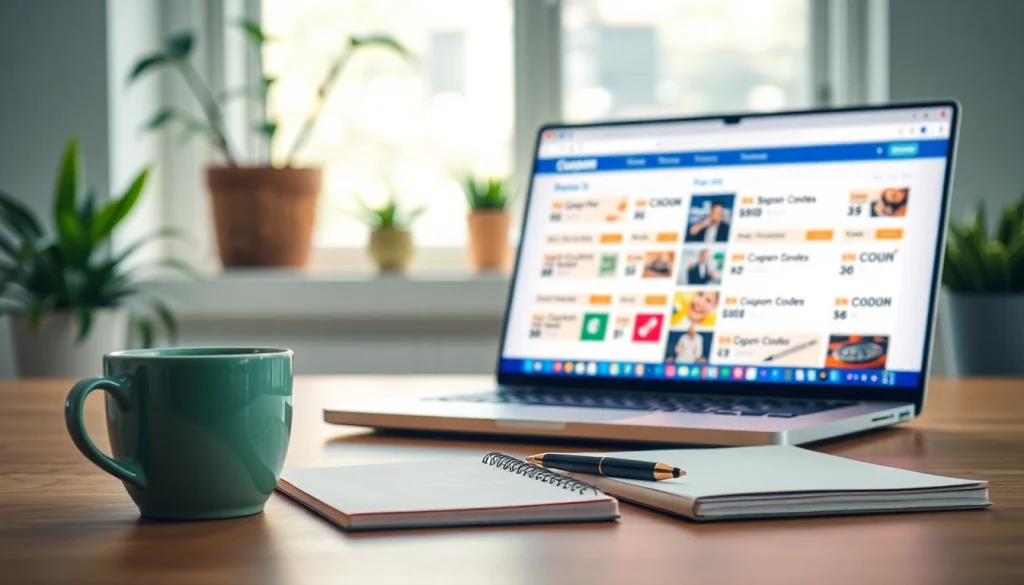 Find exclusive Coupon Code displayed on a laptop in a cozy workspace setting.