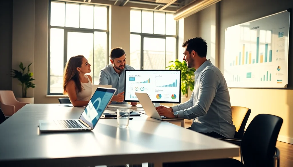 Showing a dedicated team of professionals from a search optimization company analyzing digital strategies.