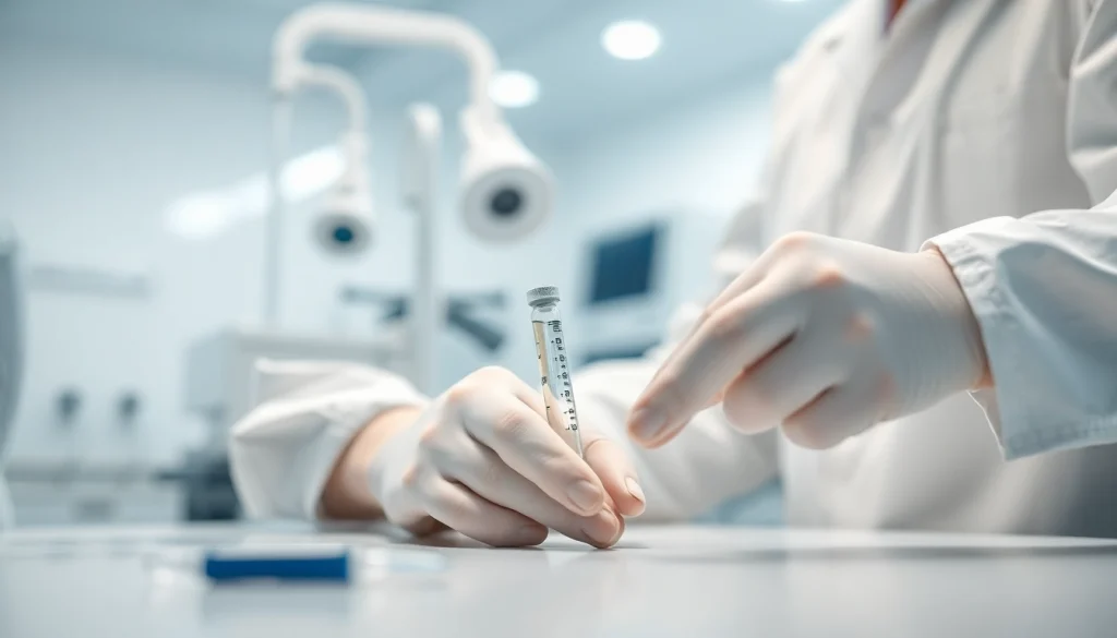 Illustration of a lab technician preparing HGH in a clinical setting, highlighting to buy hgh online safely.