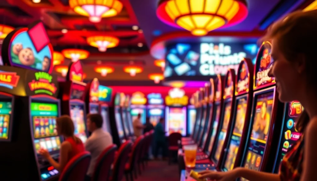 Experience Freespins excitement with vibrant slot machines and enthusiastic players in a casino setting.