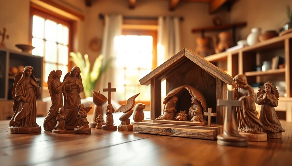 Admiring olive wood carvings of a nativity scene, surrounded by figures in an inviting setting.
