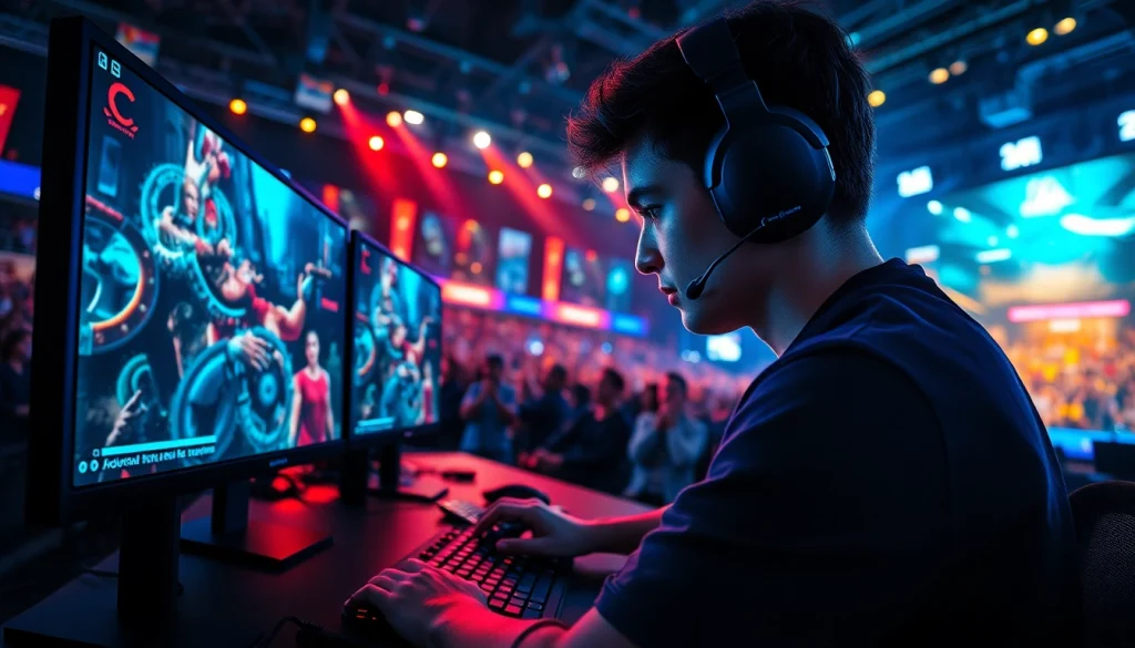 Gamer showcasing the CS2 Legit Cheat experience in an electrifying esports arena.
