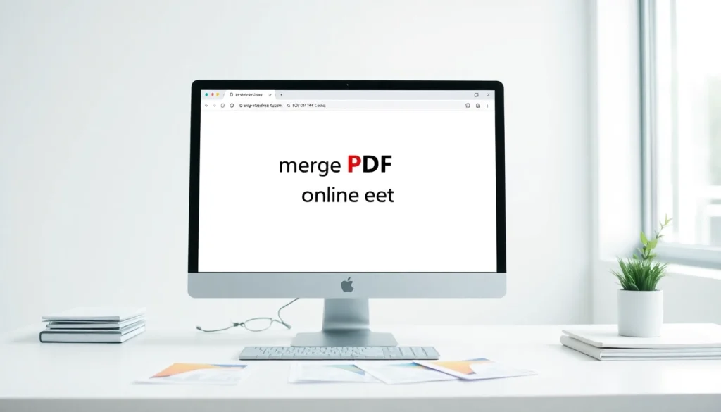 Merge PDF online free tool displayed on a computer screen in a modern workspace.