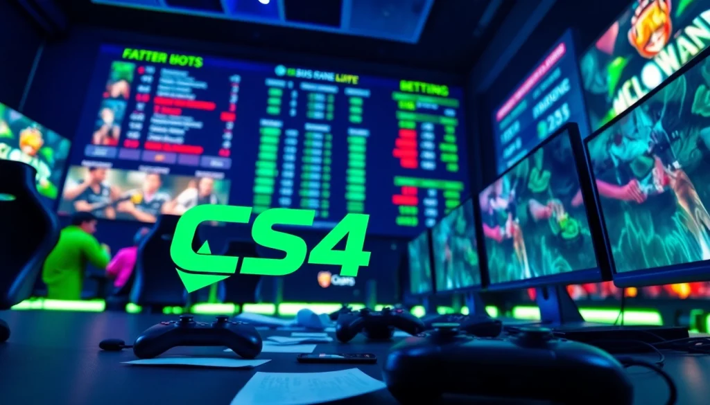 Betting scene highlighting CS4 Bets logo within an energetic esports atmosphere.