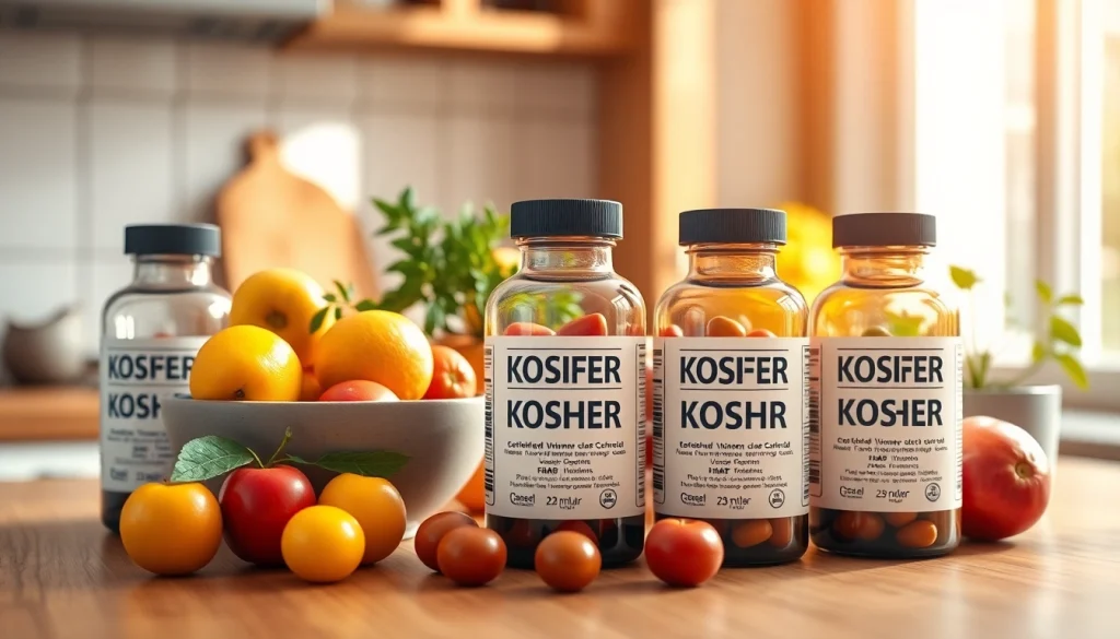 Showcasing certified kosher vitamins alongside organic fruits, embodying health and wellness.
