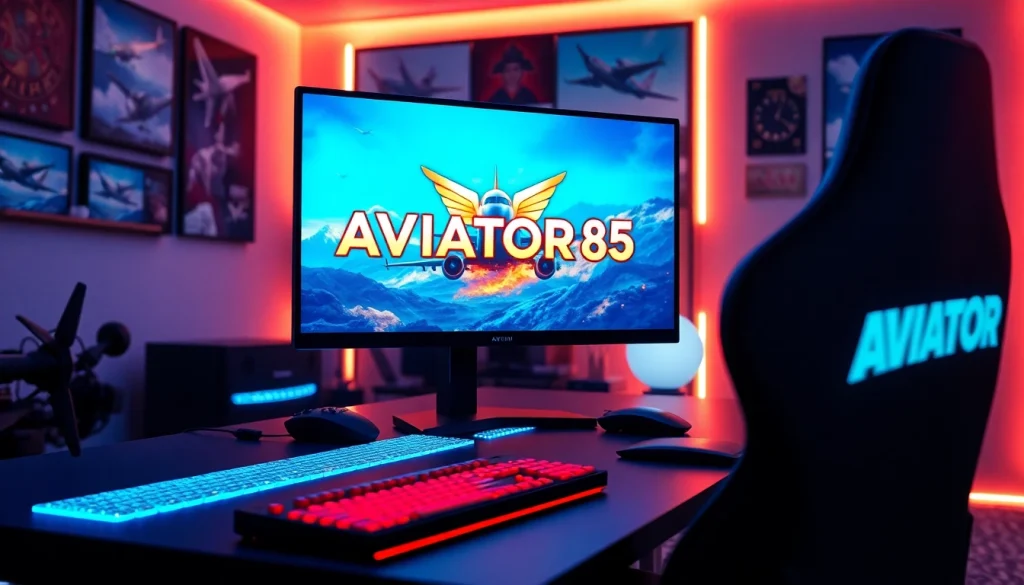 Play the thrilling Aviator Fire85 game on a vibrant and professional gaming setup.