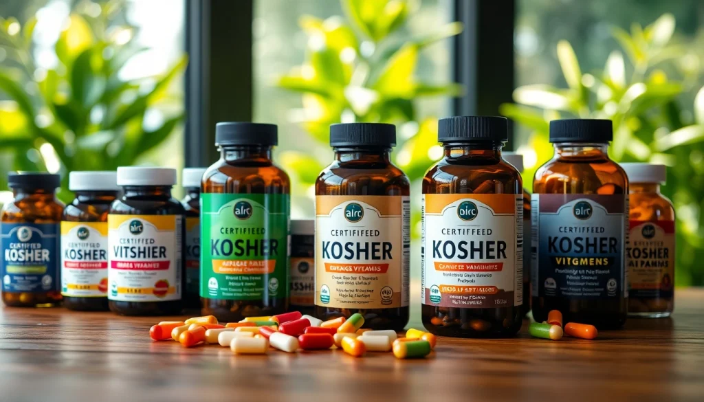 Showcasing certified kosher vitamins in vibrant bottles on a wooden table, emphasizing health and wellness.