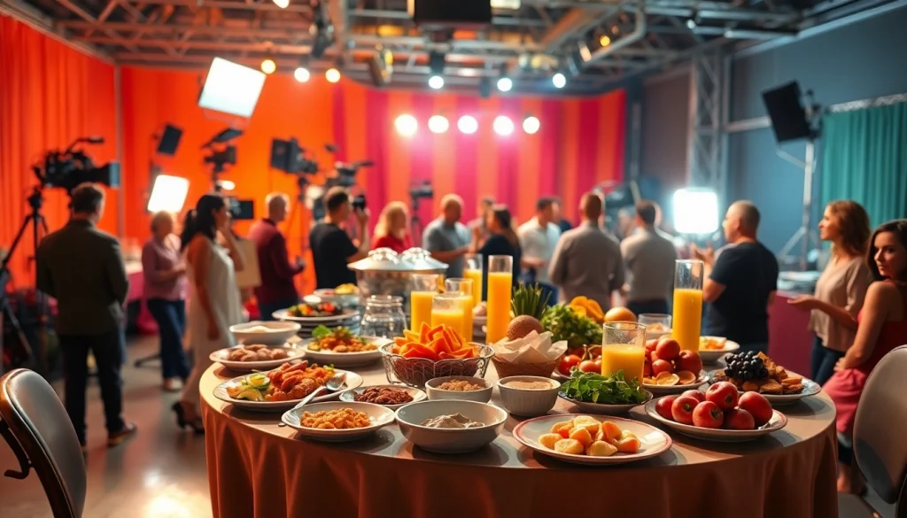 On-set catering Hamilton Ontario meal setup with vibrant dishes and crew enjoying food.