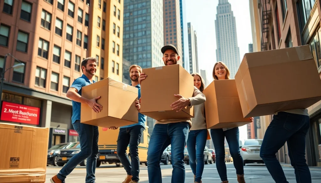 NYC movers efficiently helping a family relocate in an urban setting with a vibrant city backdrop.