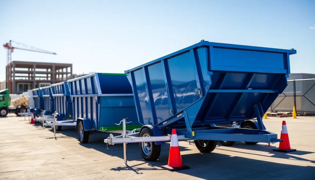 View of dumpster trailers for sale displayed prominently in an outdoor construction setting highlighting their features.