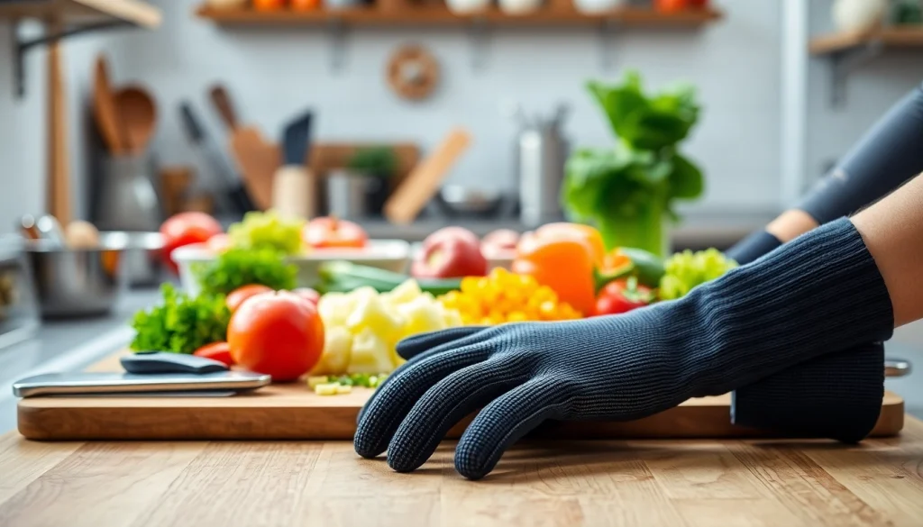 Protective cut resistant gloves Kenya on display in a busy kitchen for safe cooking.