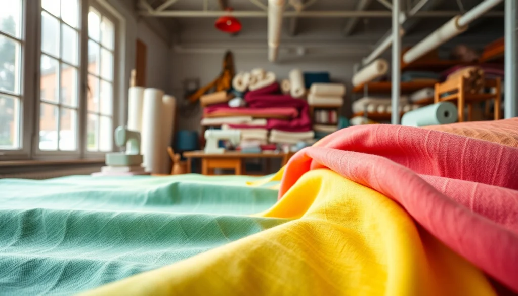Katoen textiel producten in een ambachtelijke werkplaats met levendige kleuren.