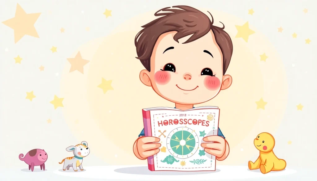 Kinderhoroskop: Freundliches Kind mit buntem Horoskopbuch in spielerischer Umgebung