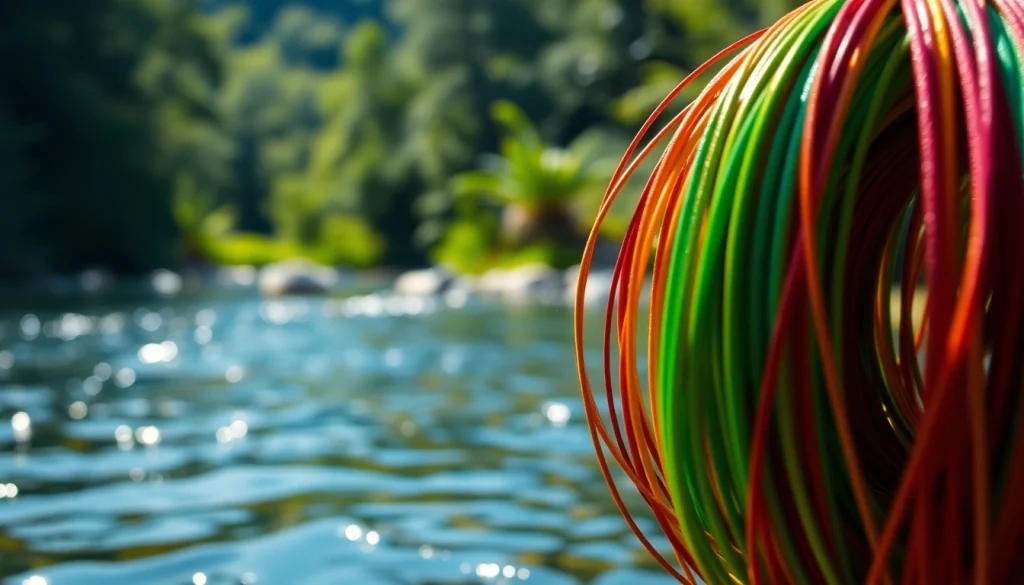 Coiled fly fishing line against a serene river backdrop, highlighting texture and color.