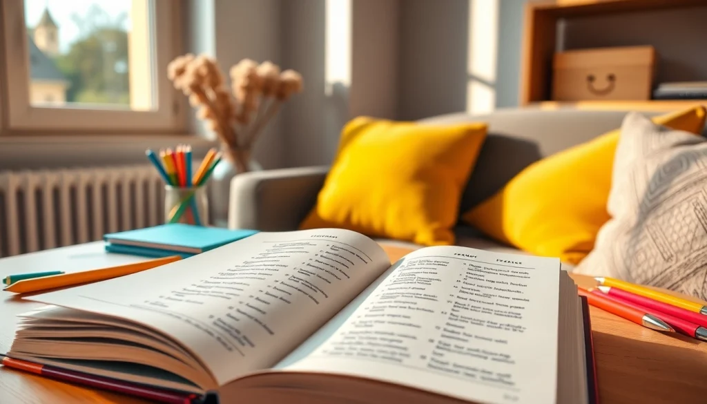 Learn French conjugation with a well-organized study environment, showcasing grammar books.