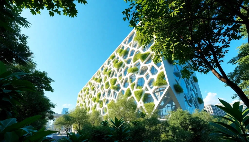 Architekturvisualisierung eines modernen Gebäudes mit harmonischer Gestaltung in einer grünen Umgebung.