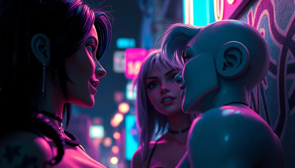 Engaging NSFW AI characters in a nighttime urban setting, highlighting their vibrant designs and expressions.