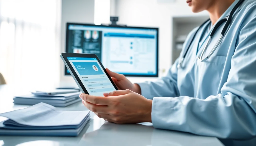 Healthcare provider choosing an eprescription app with digital tools in a modern clinic setting.