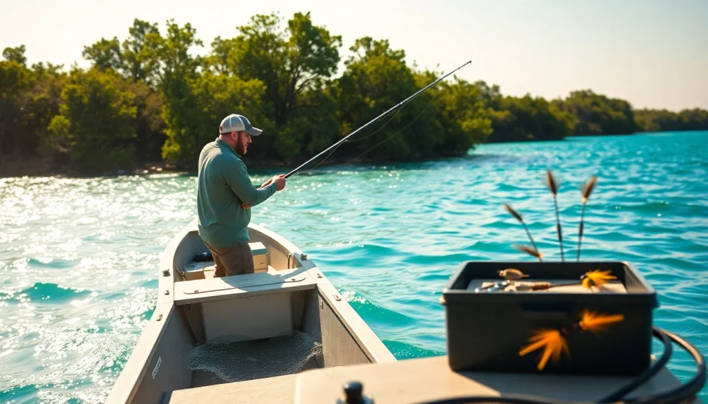 Engaging saltwater fly fishing angler casting from a boat in tranquil turquoise waters.