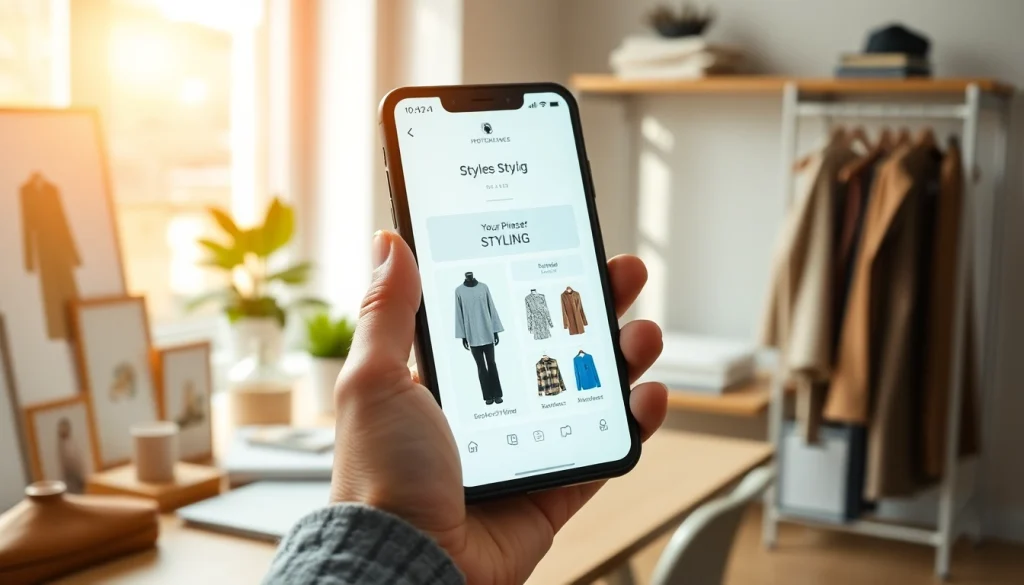 Engaging user interacting with a stylish app for outfit planning in a modern setting.
