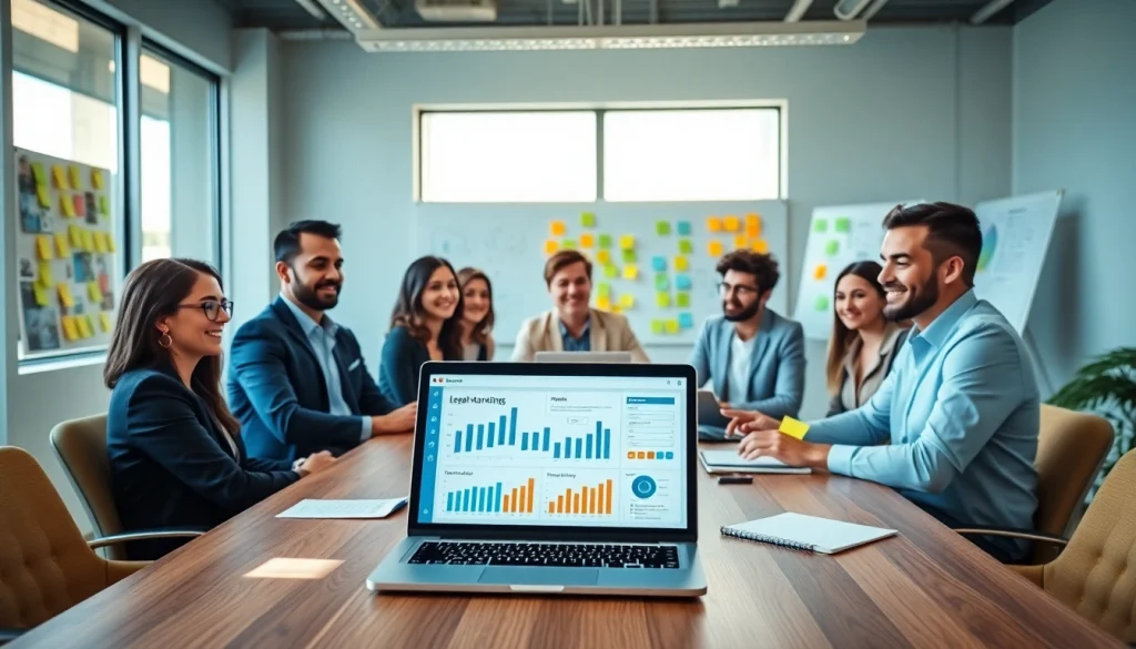 Engaging scene of legal marketing professionals collaborating over strategies in a bright office.