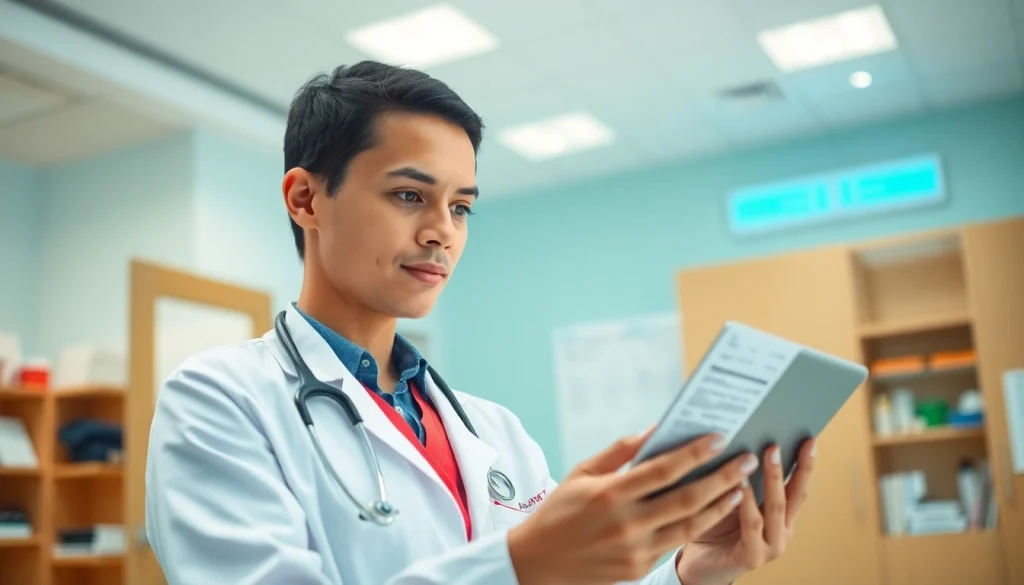 Enhance eprescribing compliance by illustrating a healthcare provider reviewing prescriptions digitally.
