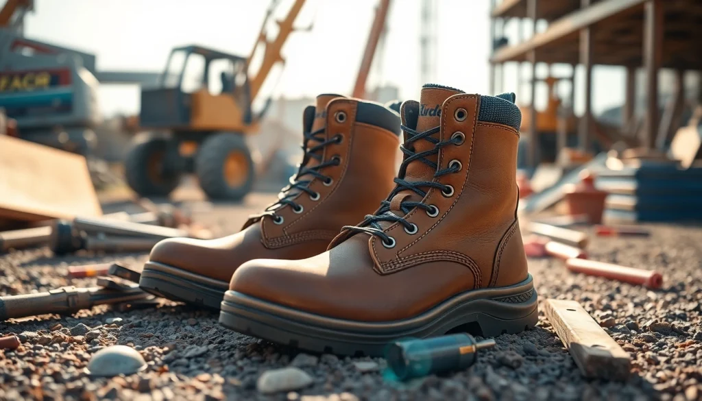Showcasing safety boots with rugged features ready for construction work.