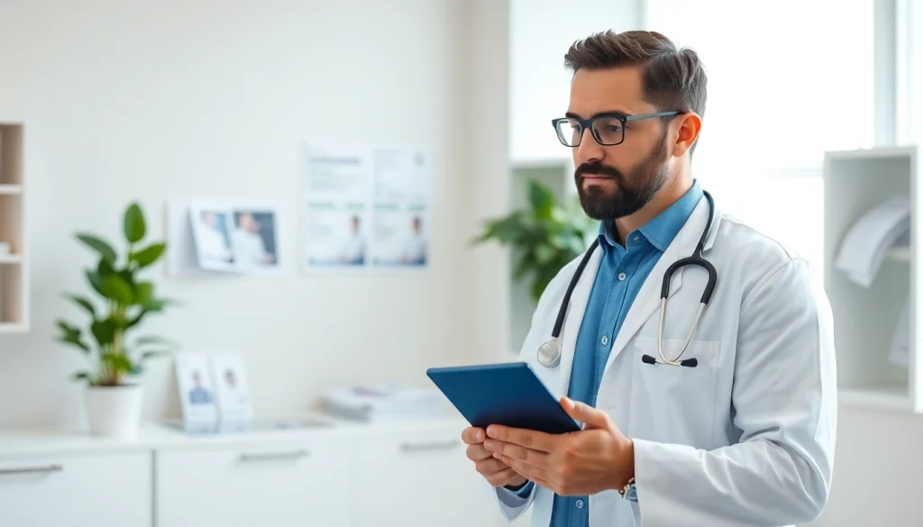 Healthcare provider using eprescribing software on a sleek digital interface in a clinical environment.