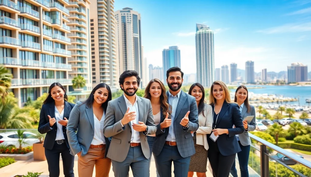 Agents promoting international real estate in a bustling city filled with luxury properties and scenic views.