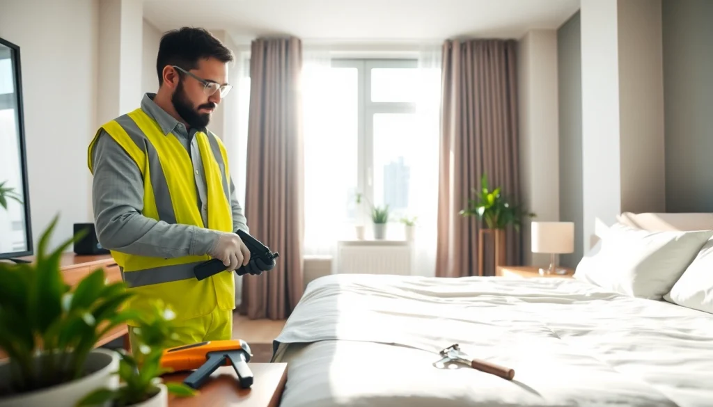 Exterminator demonstrating effective Bed bug treatment in an apartment environment.