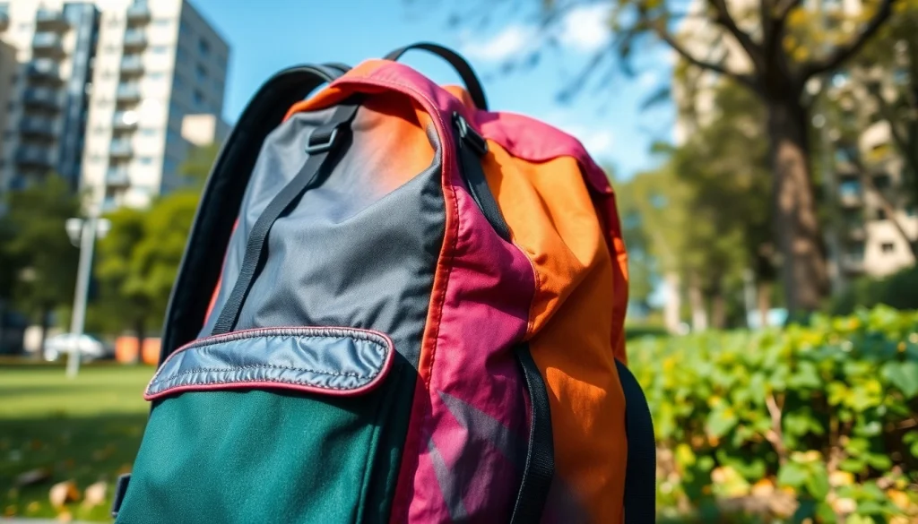Rucksack nachhaltig aus lkw plane präsentiert in der Natur mit lebendigen Farben und einzigartiger Textur.