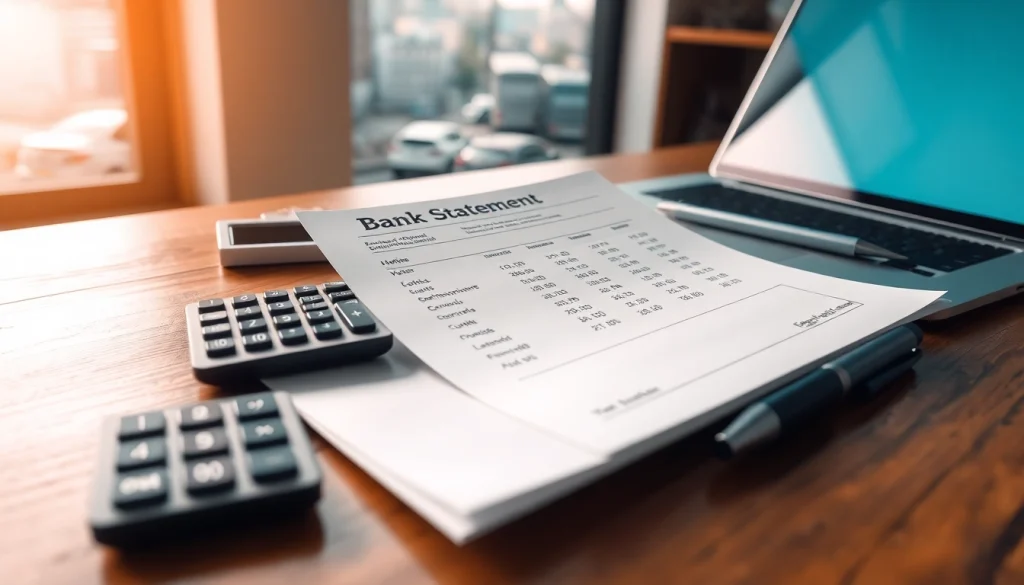 Reviewing bank statement on a desk with calculator and laptop for better financial management.
