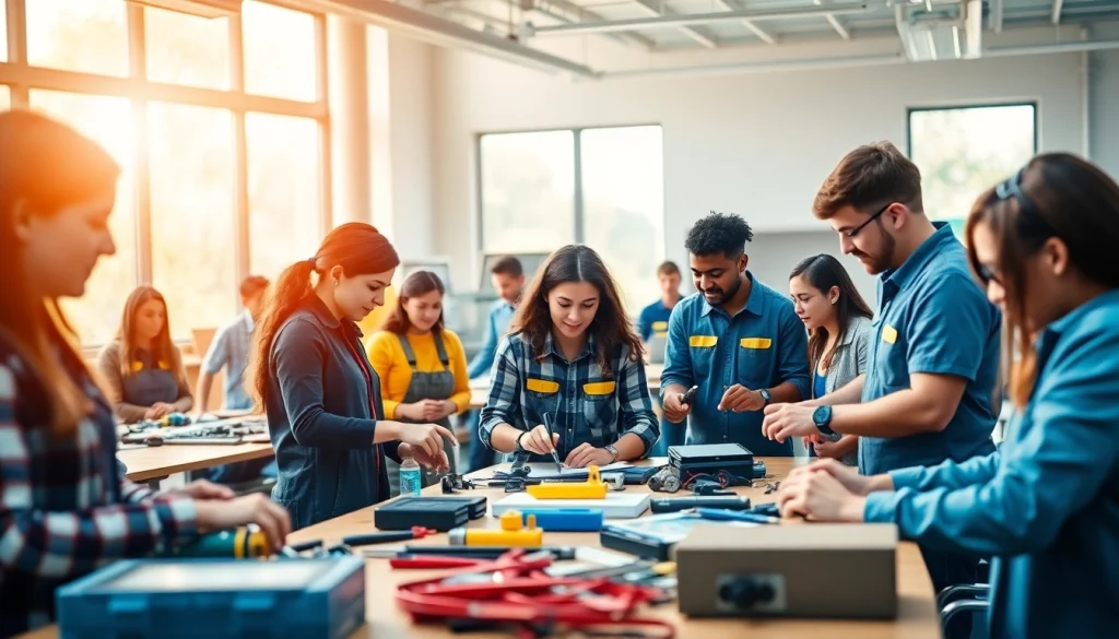 Engaged students at Trade School Tennessee utilizing tools in a bright classroom setting.