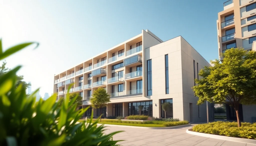 Visualisierung Architektur eines modernen Wohngebäudes in einer grünen städtischen Umgebung.