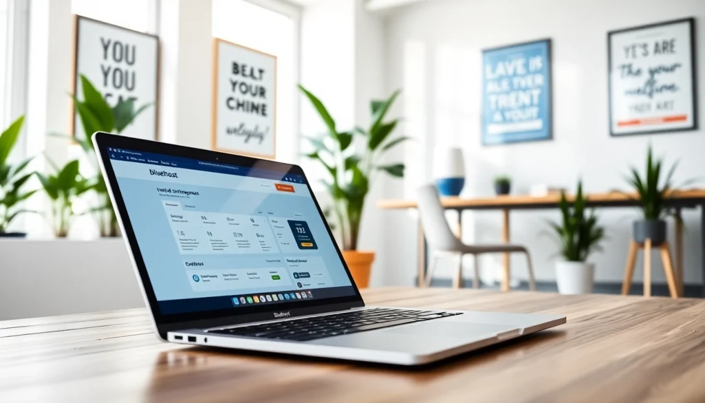 Showcase of Bluehost dashboard in a modern office setting demonstrating web hosting capabilities.