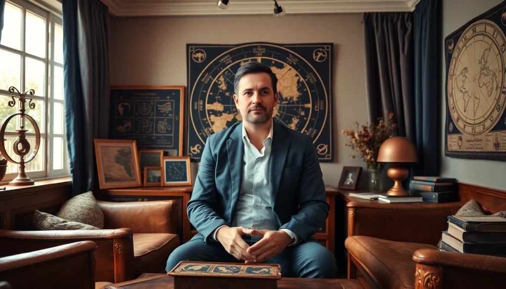 Astrologer analyzing a Geburtshoroskop in a cozy room filled with celestial maps.