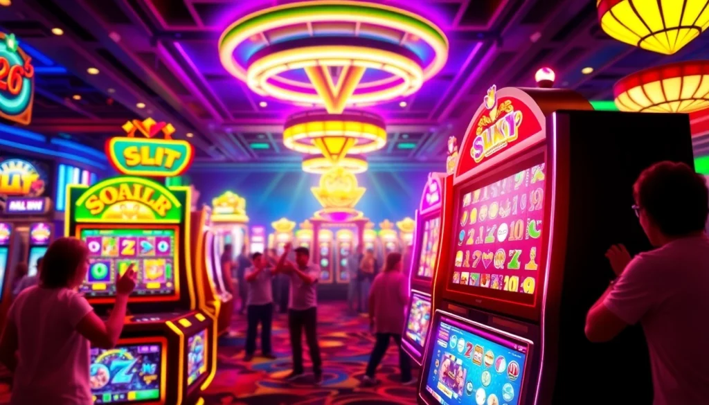 Menangkan qqmacan slot dengan desain mesin slot yang berwarna-warni dan suasana kasino yang ramai.