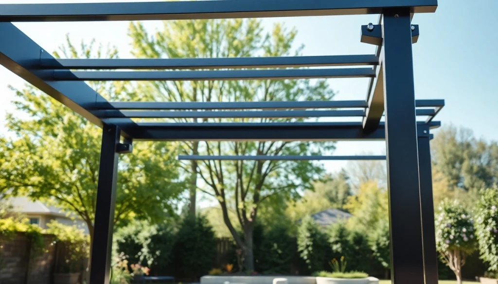 Enhance your outdoor space with a stunning modern steel pergola featuring sleek design and elegant structure.