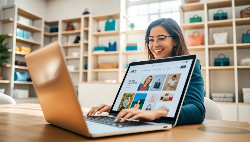 Explore the Jirle store with a woman engaging with her laptop in a stylish setting.